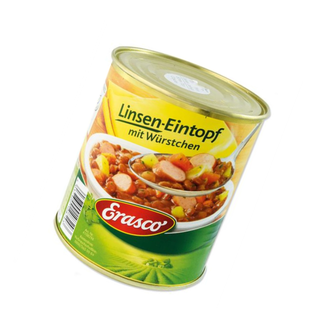 Versteckdose, Linsen-Eintopf mit Würstchen